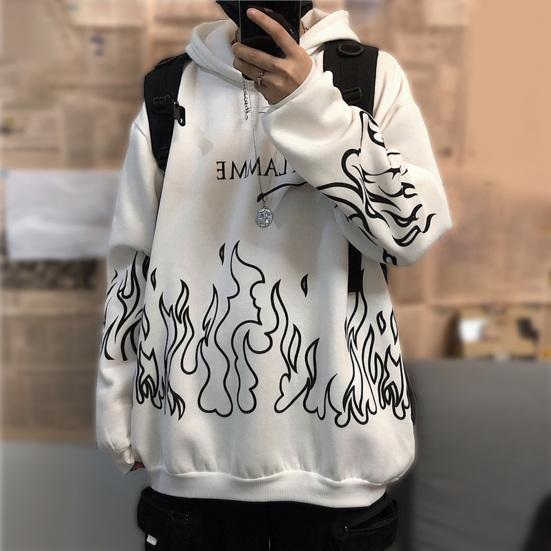 Hanorac Bărbați Toamnă Imprimeu Flacără Glugă Mâneci Lungi Moale Călduros Larg Stil Hip Hop Hanorac de Iarnă pentru Școală