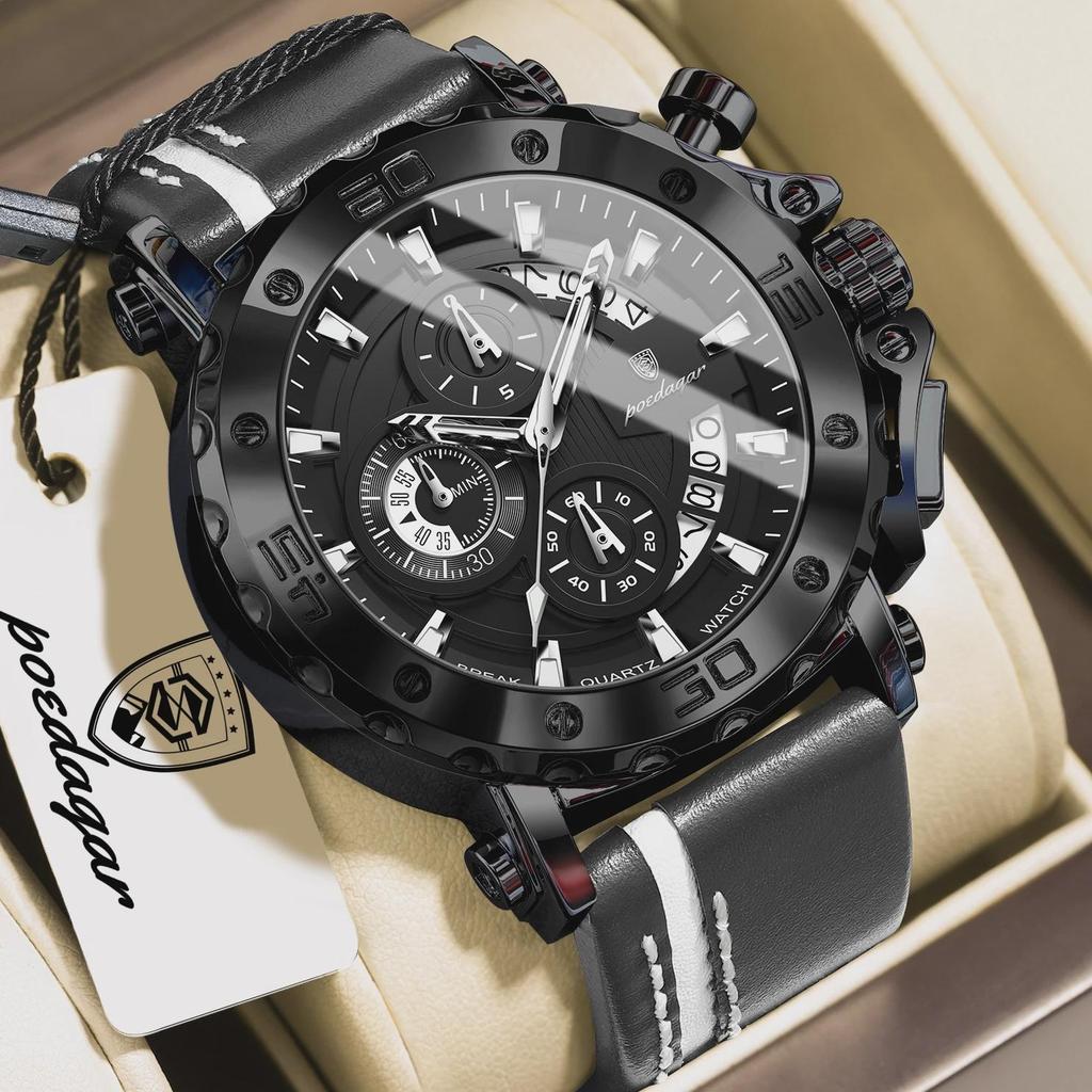 POEDAGAR Top Military Man Wristwatch Waterproof Luminous Date Fashion Chronograph Leather Sports Men's Quartz Watches