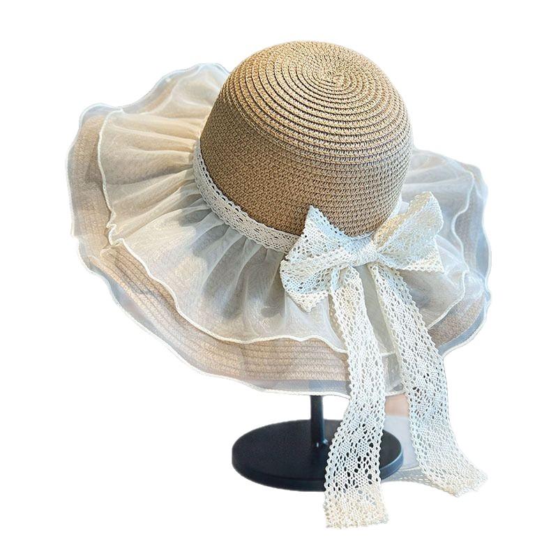 Mesh Bow Lace Straw Hat Children's Summer Big Brim Sun Protection Sun Hat Seaside Beach Vacation Sun Hat