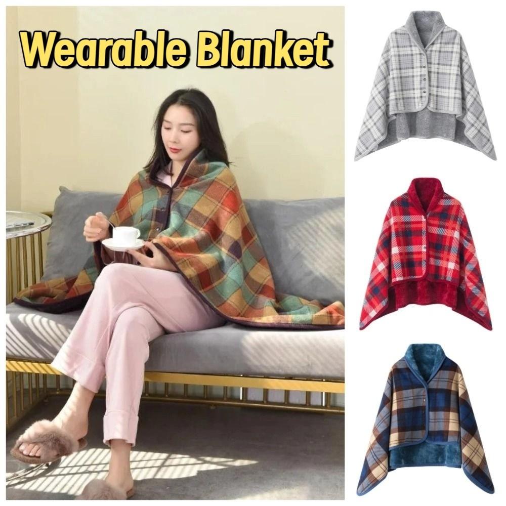 Lazy Plaid Wearable Blanket Fleece-lined Soft Home Shawl Blanket with Button Polyester Casual Office Blanket Winter