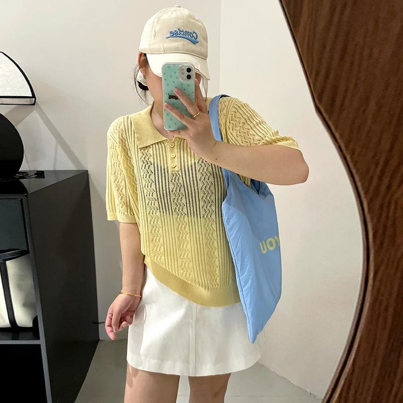 Damski letni luźny sweter z ażurowej dzianiny z krótkim rękawem w dużym rozmiarze