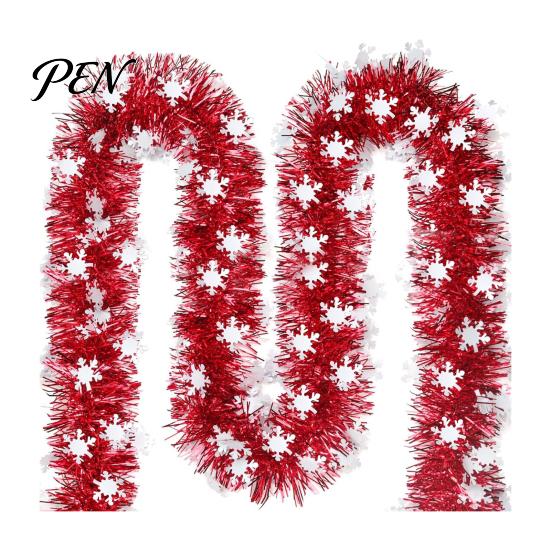 Soft Material Holiday Embellishment 78 Inch Red Christmas Tinsel Garland, Shiny Metallic Foil Twist Garland Tear Resistant Ribbon with Snowflake