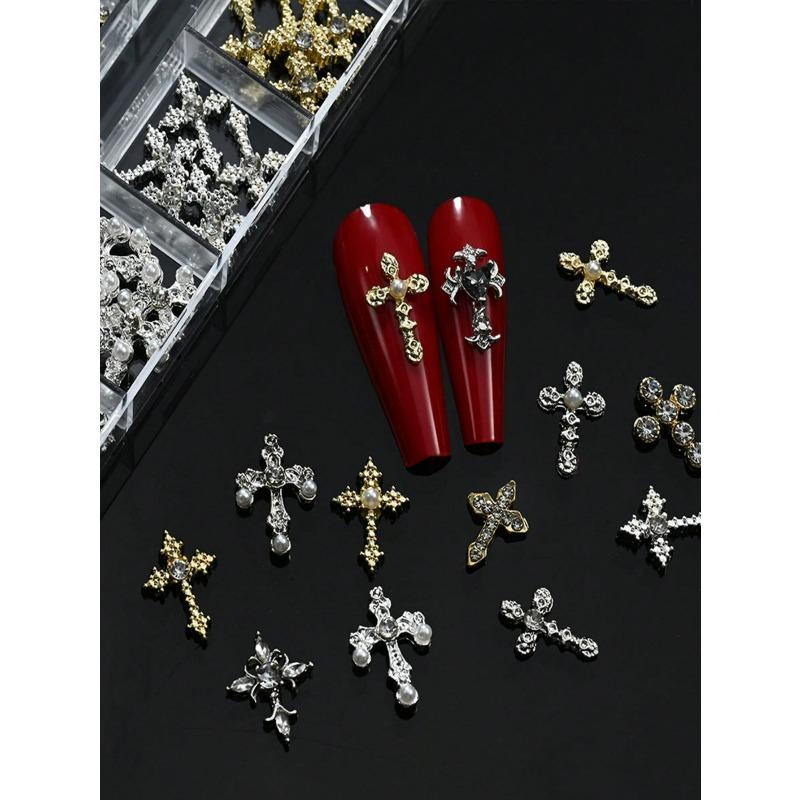 12Grids/Box Y2K Cross Mixed Style 3D Nail Art Rhinestone,Punk Gothic Alloy Cross Nail Decoration,Mixed 3D Nail Art Decoration For Manicure Supplies