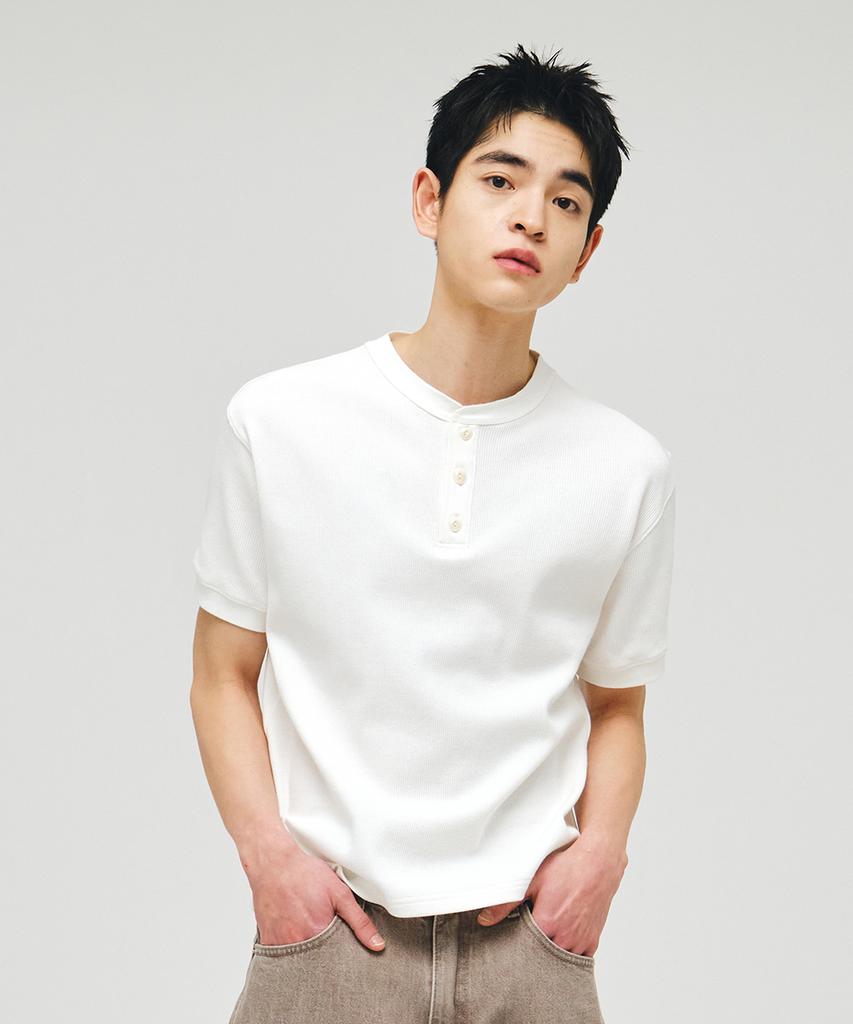 ECORR Waffle Henley Neck Crop Short Sleeve T-Shirt_Ivory