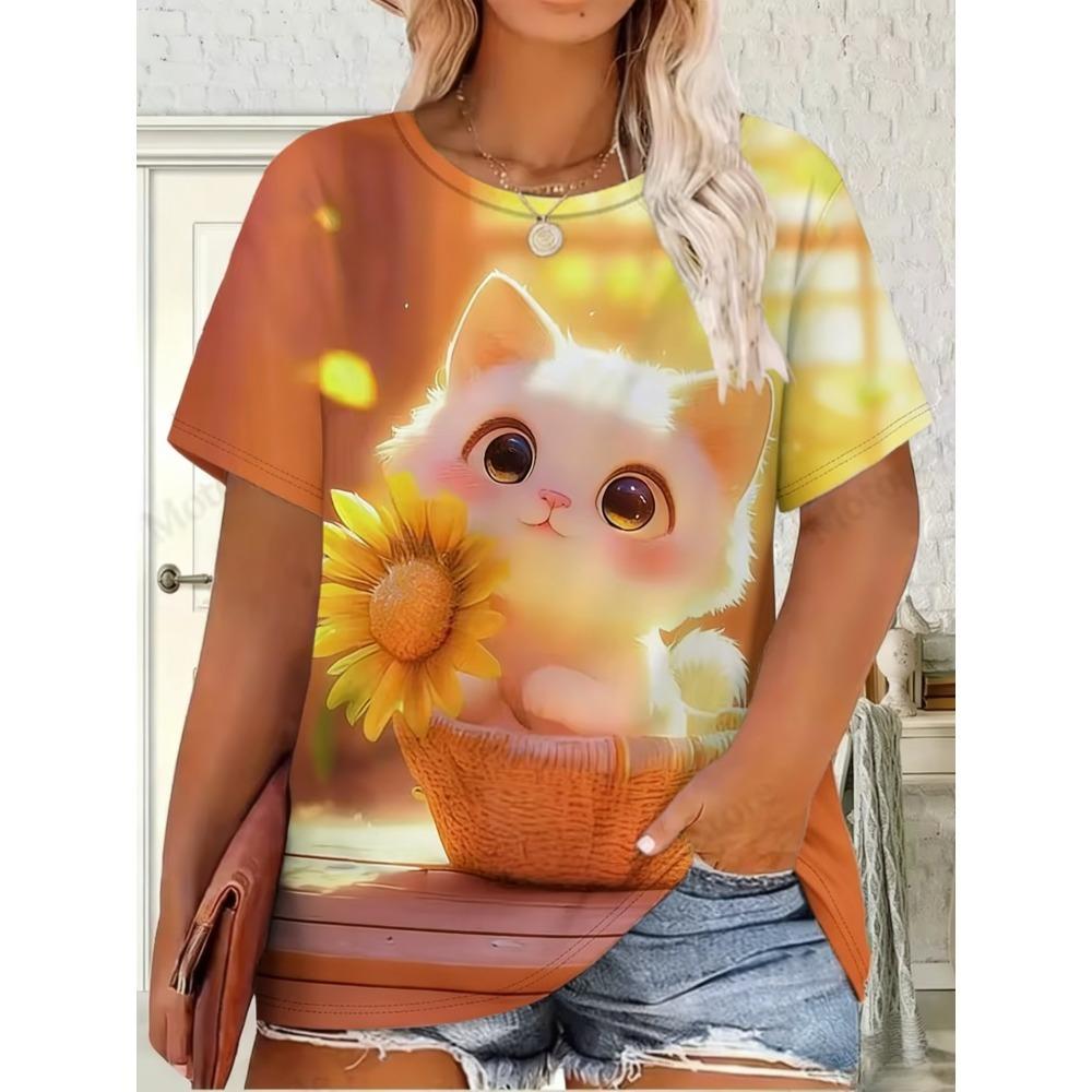 Fashion Cute Cat Pattern Women's T-Shirt Casual Comfortable Animal Printed OverSize Round Neck Short Sleeve T-Shirt