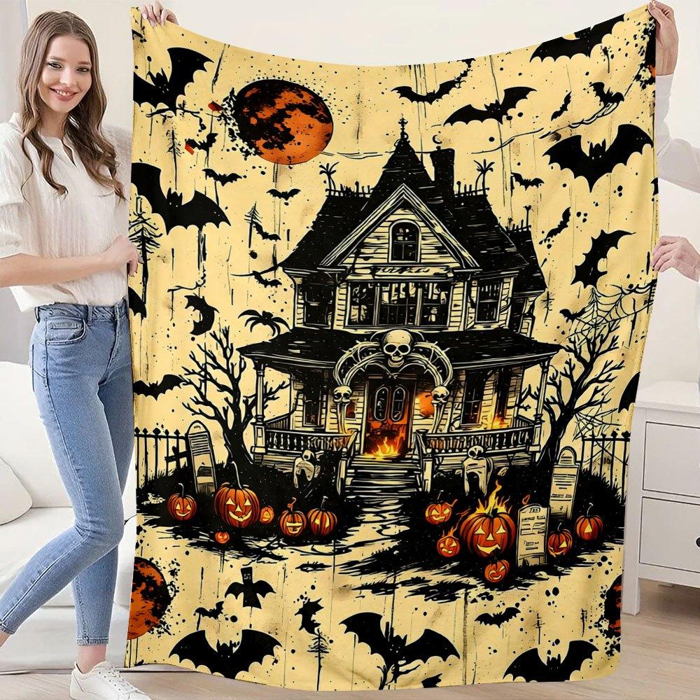 1pc Halloween Pumpkin Flannel Nap Blanket, Printed Air Conditioning Blanket, Holiday Party Sofa Throw Blanket