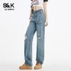 Baleno S&K Women's High-Waisted Ripped Straight-Leg Jeans