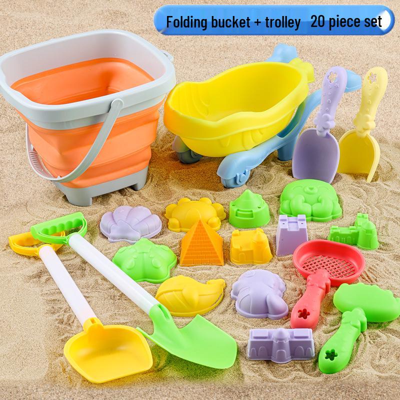 Cross-border Kid's Beach Toy Set: Folding Bucket, Shovel, Sand Tools & Sandglass Accessories