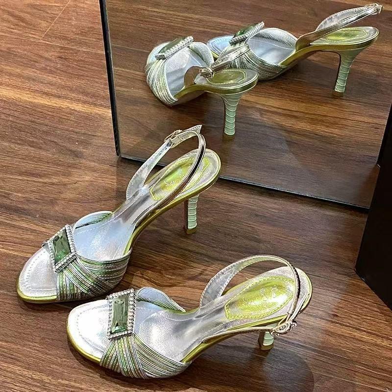 Fashion Luxury Rhinestone Narrow Band Brand High Heeled Sandals Women Bling Gemstone Buckle Designer Shoe Elegant Pointed Toe Dress Shoe