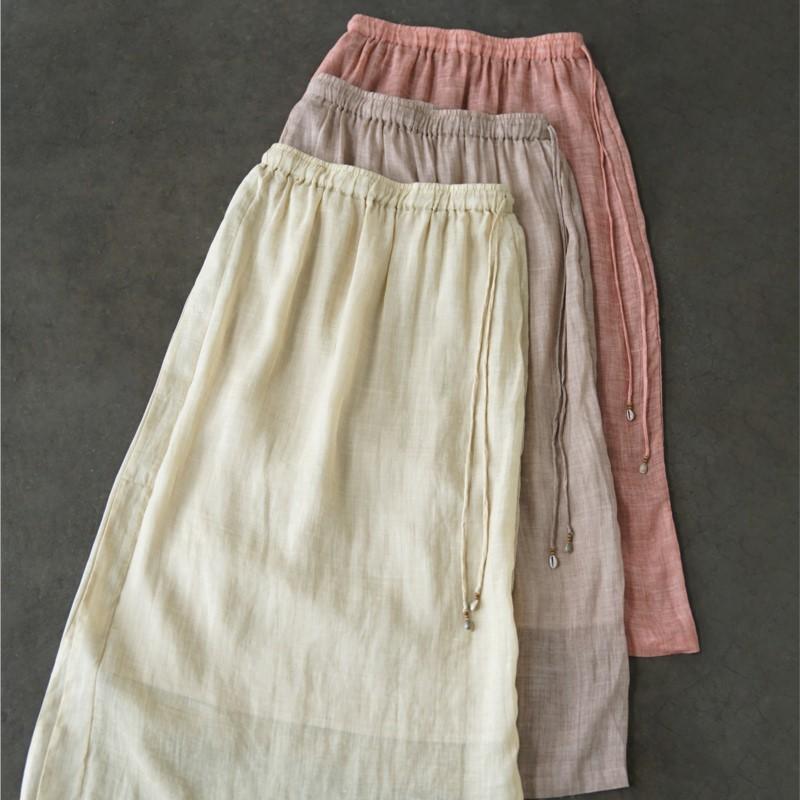 Johnature Women Vintage Solid Color Skirts Elastic Waist Ramie High Quality Cloths Summer Loose Female A-Line Skirts