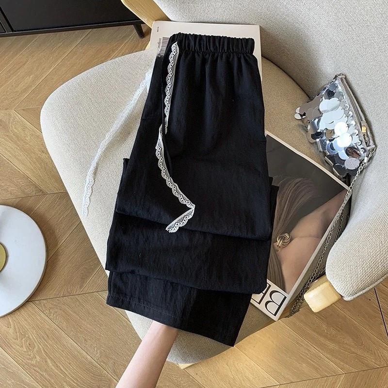 Women's Dopamine Summer Lace Drawstring Slim Wide-Leg Pants - Draped Slim Fit Straight Casual Trousers