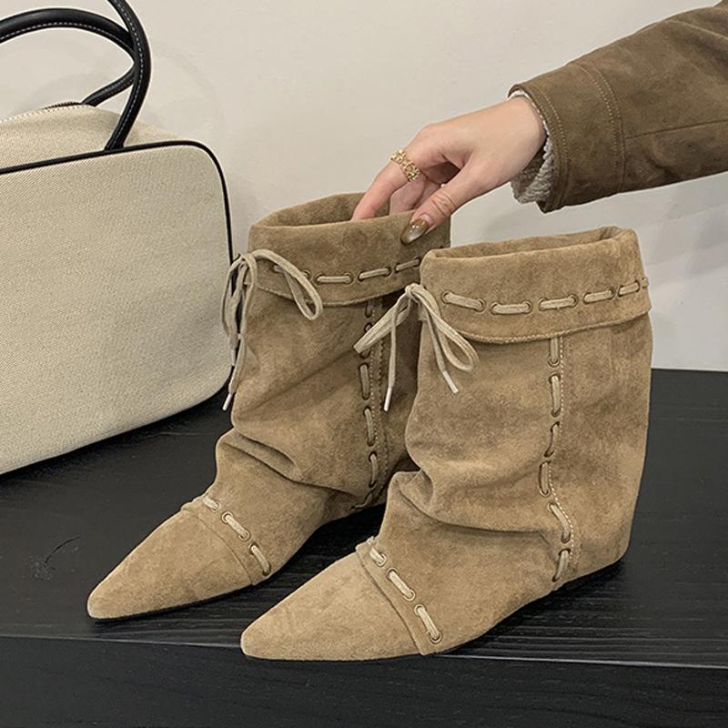 Fashion Liyke Winter Street Style Woman Design Drawstring Lace Up Ankle Boots Fashion Inside Height Increasing Women Western Cowboy Shoe