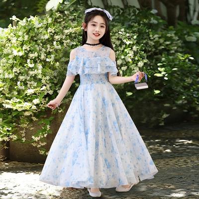 Vestido de Verano Casual de Línea A Largo con Estampado Floral para Niñas Grandes
