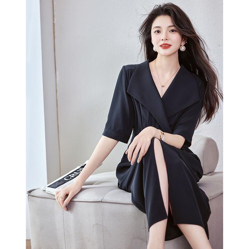 Demana Black Swan Dance Summer Lapel Waist-Cinching Midi Dress