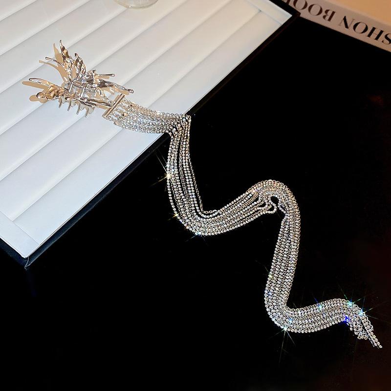 

Diamond butterfly super long tassel hairpin new Chinese bridal hair temperament catch clip shark clip hair accessories women