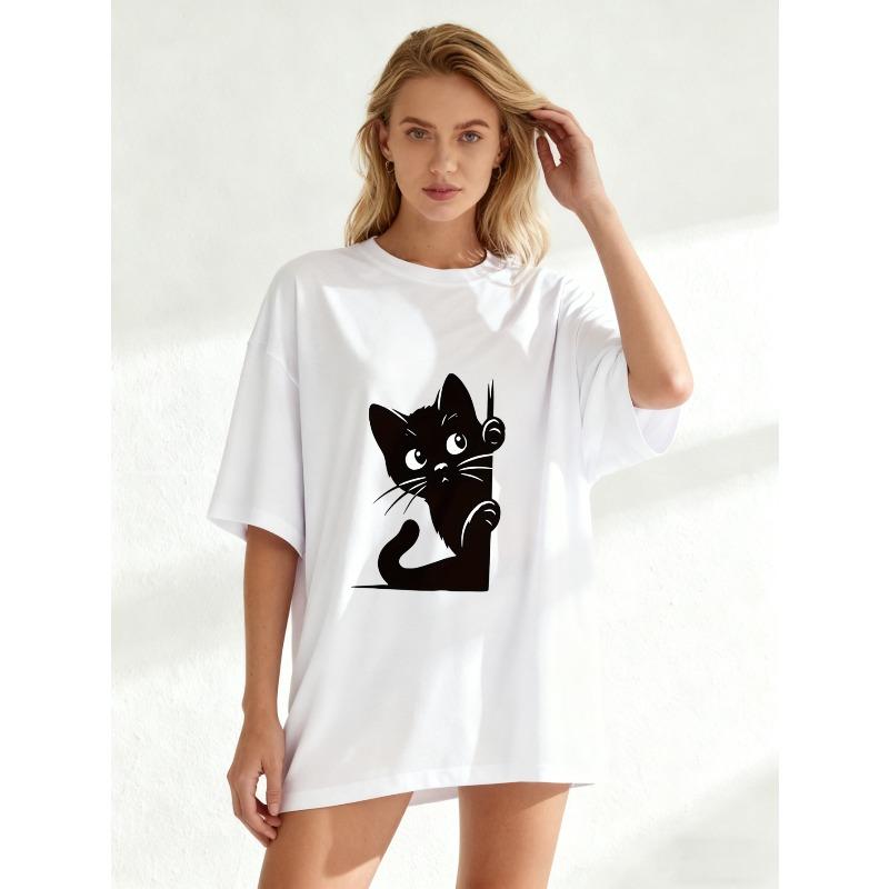 Black Oversized T Shirt With Cute Cat Print For Casual Wear And Everyday Style