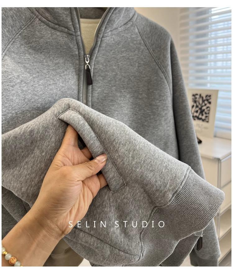 Women's Lambswool Fleece-Lined Stand Collar Zip-Up Cardigan – Thick, Versatile, Loose-Fit Winter Outerwear