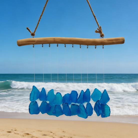 Sea Glass Wind Chime for Outside Handmade Coastal Style Blue Seaglass Art for Indoor Outdoor Garden Home Decor Housewarming Gift for Women