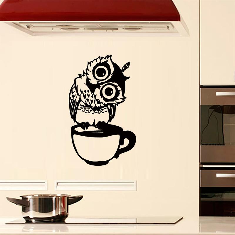Cute Cartoon Owl On Mug Wall Stickers Coffee Decorative Decal for Kitchen Dining Room Vinyl Stickers for Coffee Bar Home Decor