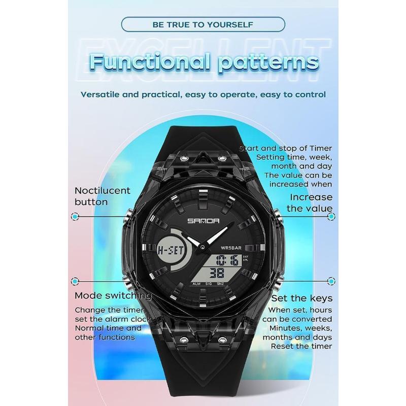 SANDA New Sports Men's Quartz Watches Luxury Military Waterproof Watch Dual Display LED Digital Men Wristwatch