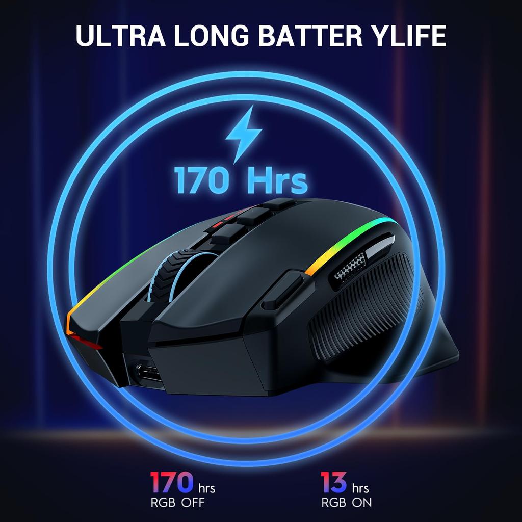Redragon Mouse Ergonômico Sem Fio para Jogos 16000 DPI com Fogo Rápido 9 Macros Capacidade de Energia Durável e Retroiluminação RGB para Mouse, Tecla, Botões, 170 Horas