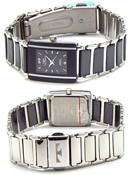 Dámské hodinky TECHNOS Elegantní keramické černé ciferníky Stříbrná kombinace náramku se srdíčkem TSL906TB-SET [Položka]