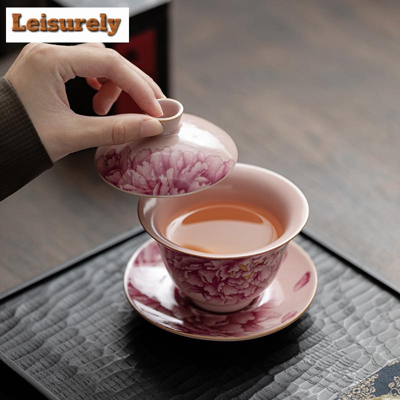 111ML Pink Ru Kiln Gaiwan Japanese Peony Sancai Anti-scald Tea Tureen Tea Brewing Cover Bowl Tableware Decoration Collection