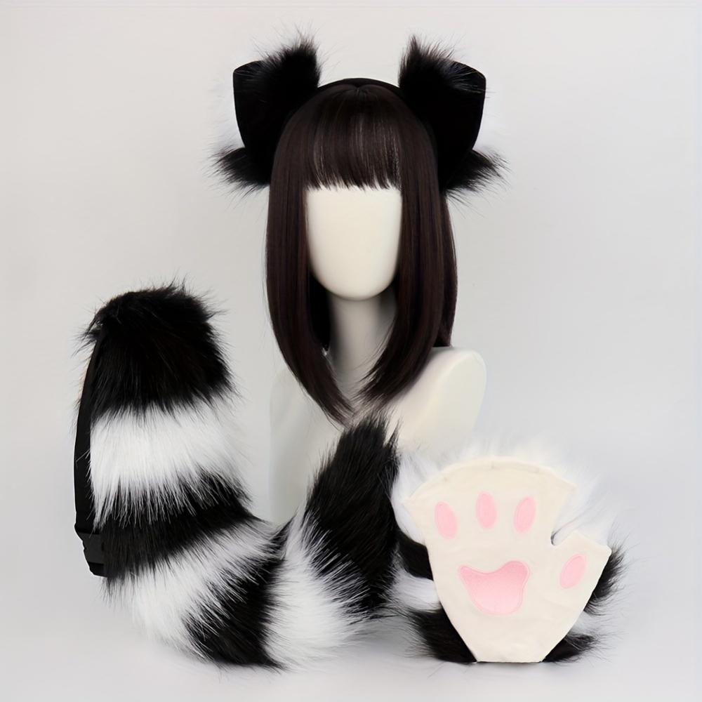 3-Pack Anime Cosplay Fox Ear Headbands, Fluffy Tail and Paw Gloves, Cute Faux Fur Animal Costume Accessories for Halloween Parties