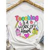 Teaching Is A Work Of Heart Women's Tee - Colorful Teacher Graphic, Casual Purple Top