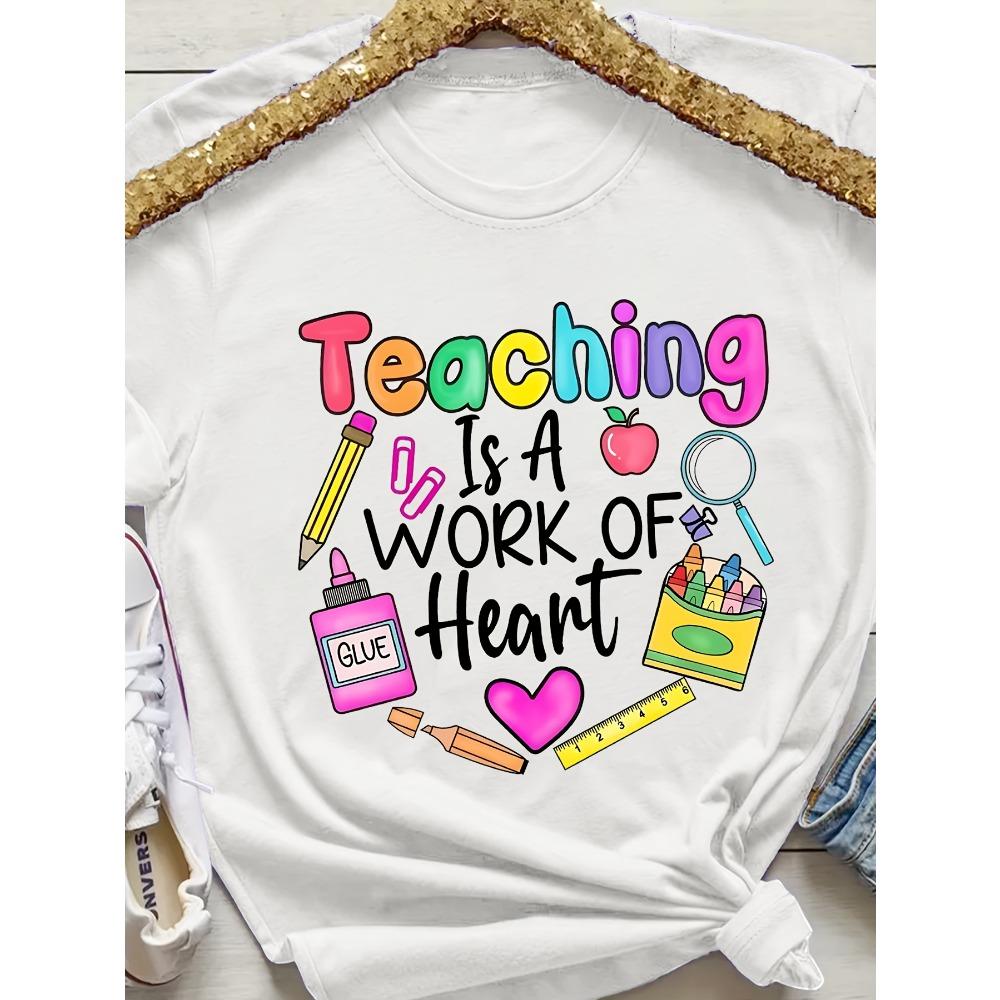 Teaching Is A Work Of Heart Women's Tee - Colorful Teacher Graphic, Casual Purple Top