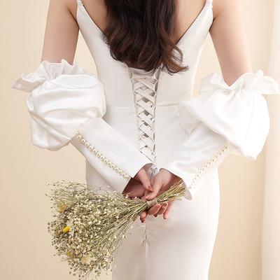 Detachable Satin Puff Sleeve Arm Warmers with Pearl Trim – Elegant Bridal Accessory for Wedding, Photo Shoot & Evening Gown