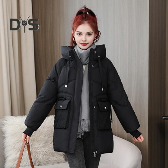 Winter Down Coat Thickened Padded Hooded Pockets Zipper Closure Drawstring Mid Length Windproof Heat Retention Daily Cold Weather Outwear Cotton