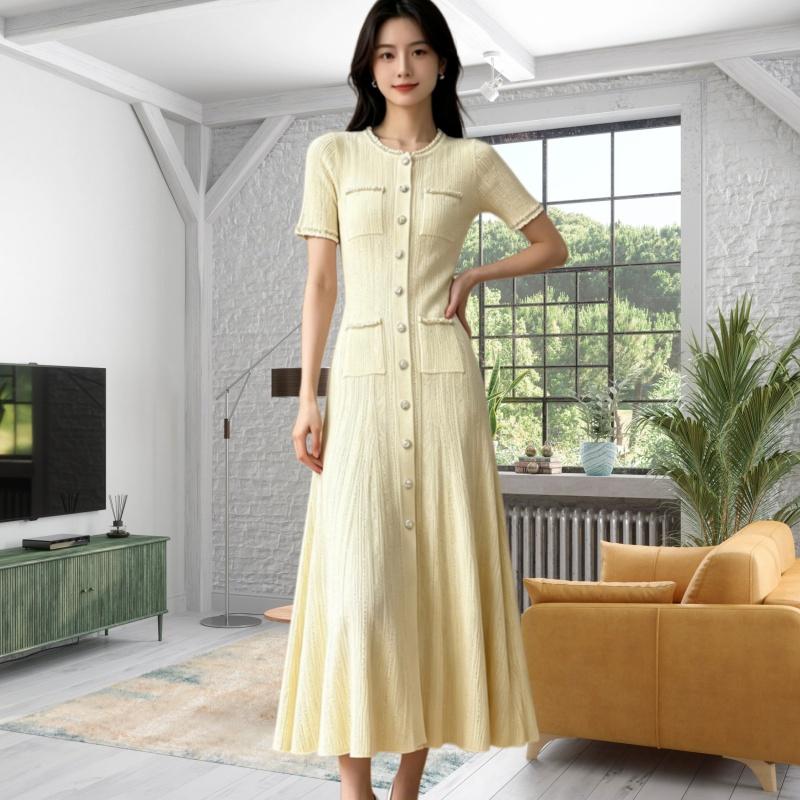 Elegant Lady Beaded Knitted Long Dress Women's Solid Short Sleeve O-Neck Single-breasted Bodycon Party Dress Female