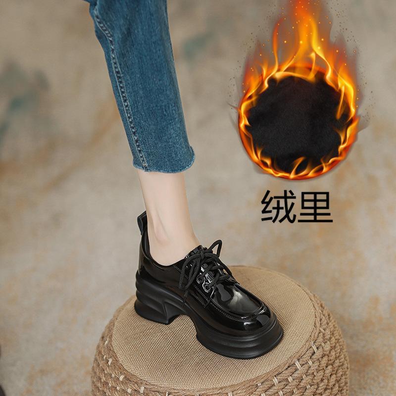 

Thick-soled lace-up heightening 8CM small leather shoes for women s autumn and winter velvet new Le single shoes 323334 39