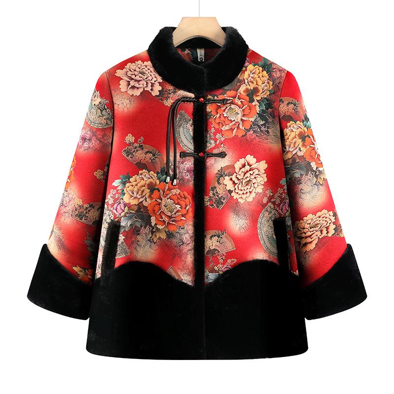 Stylish Winter Coat for Middle-aged and Elderly Women with Velvet Lining - Loose Fit, New Chinese Style