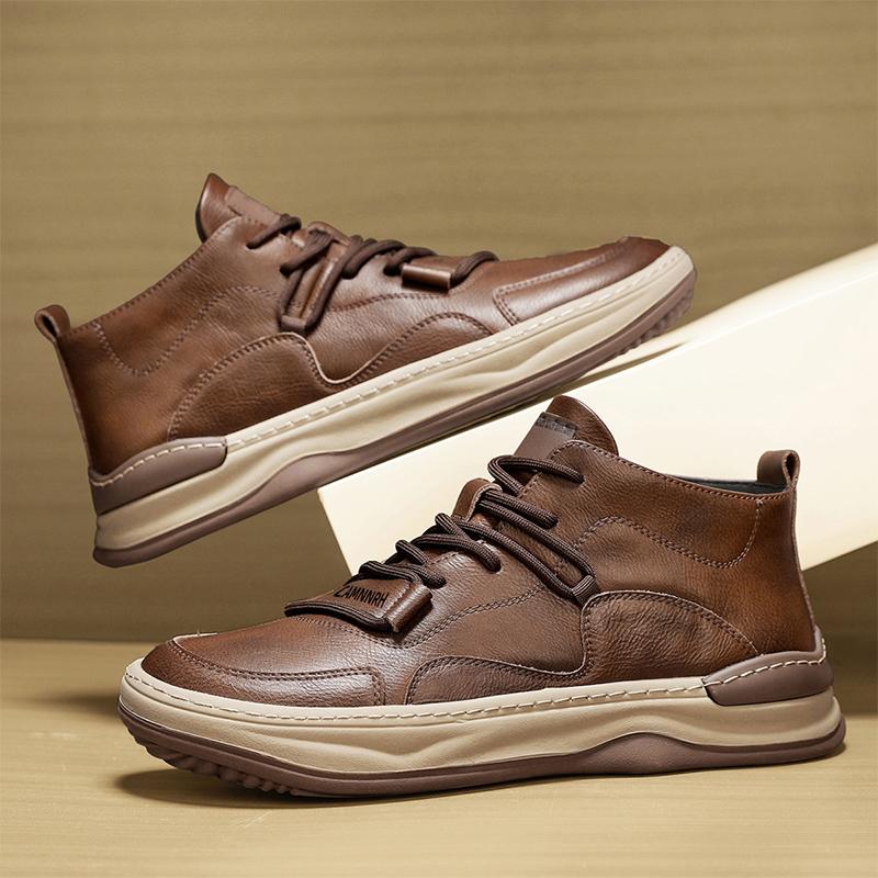 Fashion Leather Men's Boots Breathable Anti Slip Casual Sneakers High Top soft Man Ankle Boots Outdoor Non-slip Walking Shoes