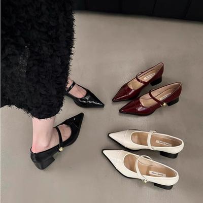 Pantofi mici cu vârf ascuțit din piele pentru femei 2025 nou primăvară tocuri groase tocuri joase tocuri înalte retro temperament francez pantofi simpli Mary Jane