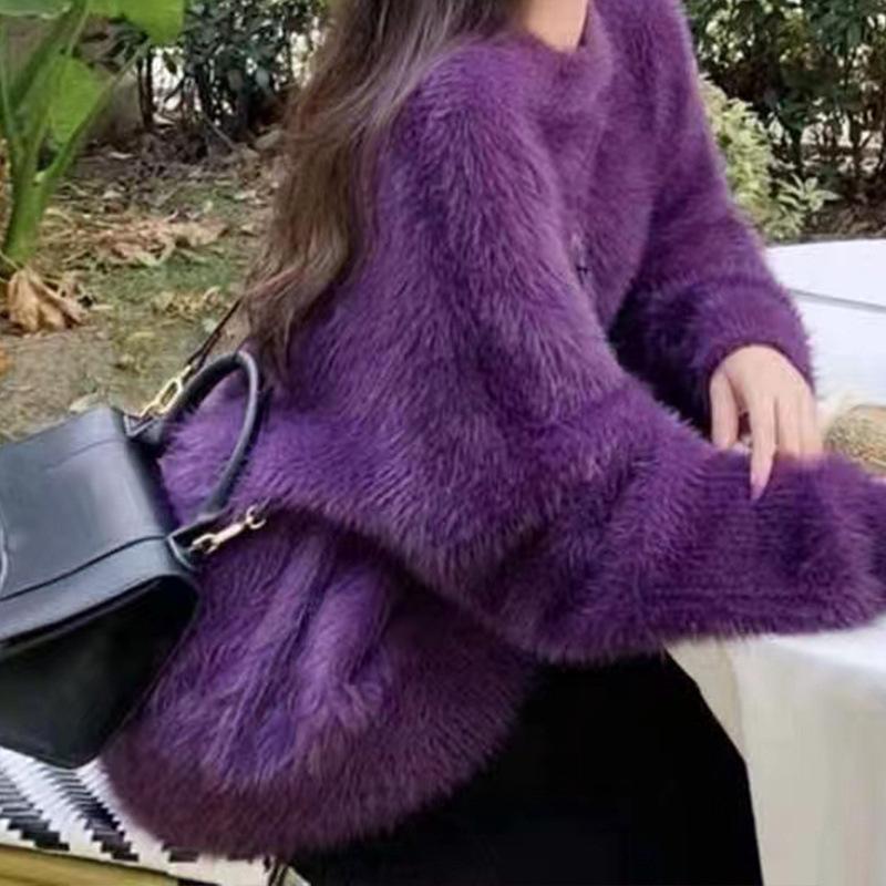 Women's Korean Style Loose Mink Cashmere Pullover Sweater - Candy Color, Thickened, Autumn/Winter Knit