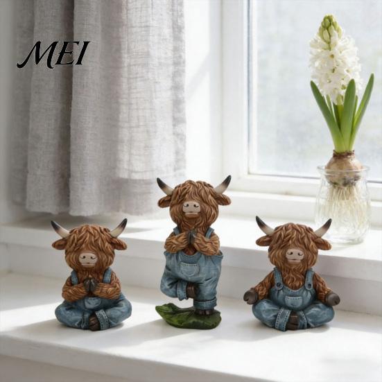 Farmhouse Style Figurines Yoga Highland Cow Resin Figurine, Overalls Statues, Waterproof Healing Atmosphere Decor Garden Ornament for Indoor