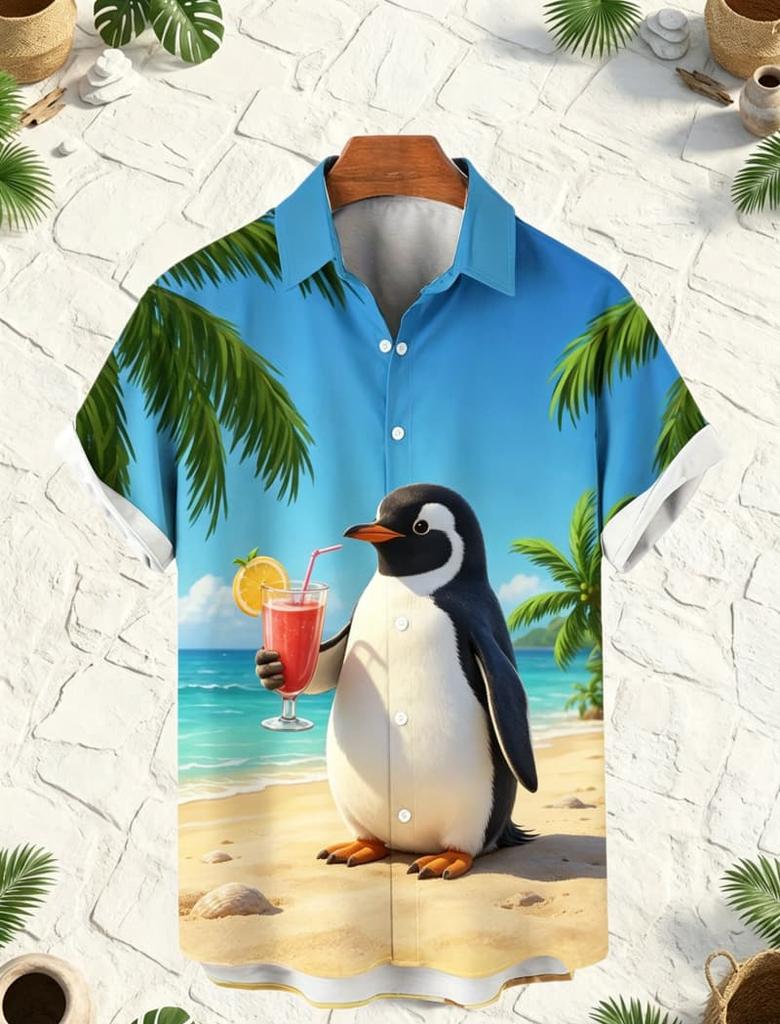 Men's Beach Anthropomorphic Animal Printed Short Sleeved shirt, Suitable For Beach Vacations And Summer Travel