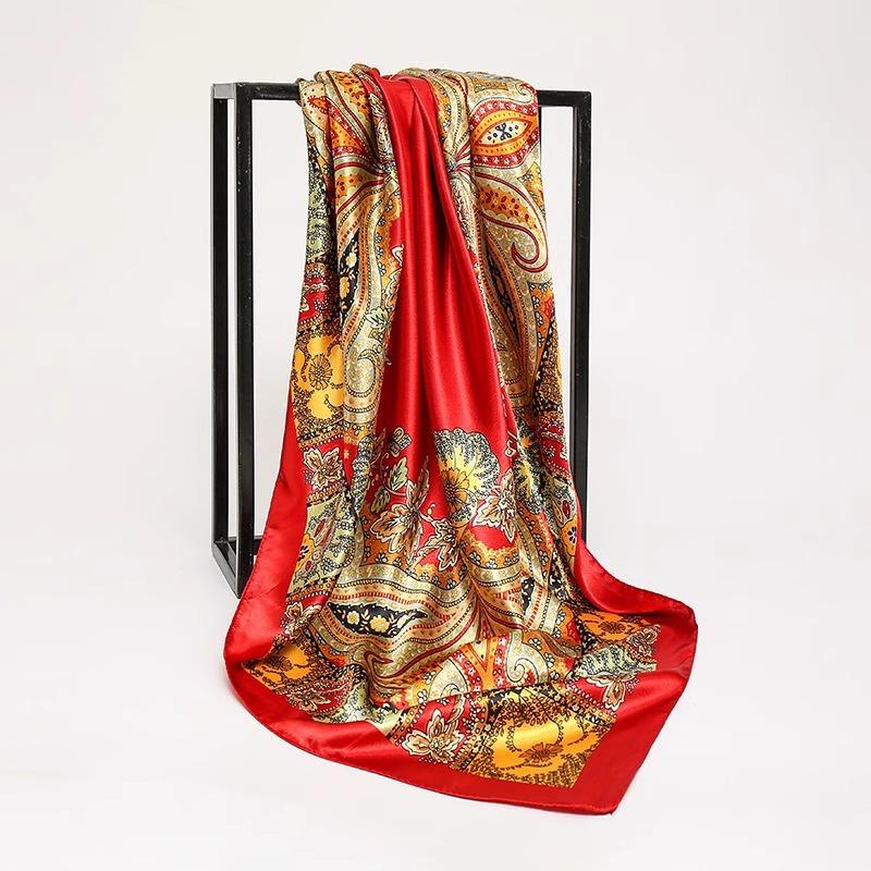 S 90*90Cm Square Silk Scarves Women Hijab Shawls Fashion Print Femme Head Scarf Foulard Bandana Beach Pareo