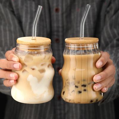 Tazza di vetro Tazza con cannuccia con coperchio Bicchieri a righe Tazza per acqua Tazza per caffè Tazza per latte
