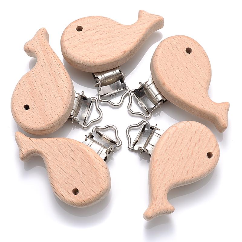 5Pcs/Lot 9 Style Fish Rabbit Butterfly Shape Beech Wooden Clips Metal Bracket for Baby Pacifier Clips Chain Holder Accessories