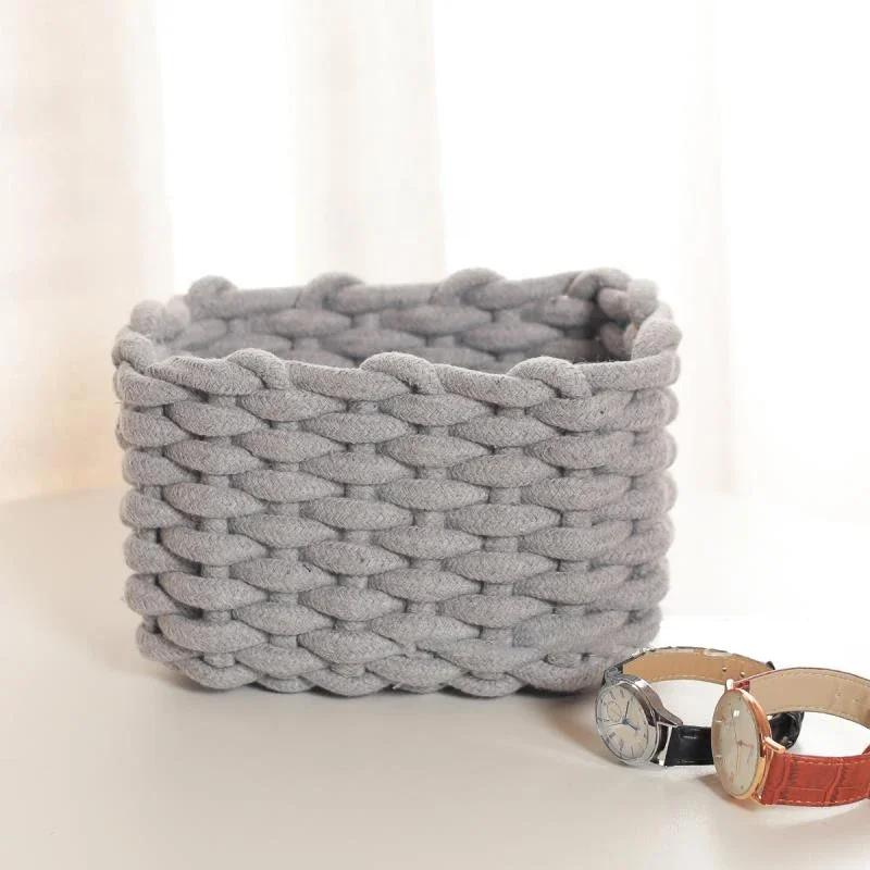Cotton Rope Woven Storage Basket with Handle Sundries Cosmetic Storage Box Toys Snack Desktop Makeup Organizer Cotton Baskets