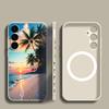Seaside Coconut Print Case For Samsung Galaxy S26 Ultra S25 FE S24 S23 S22 Plus S21 FE Built-in Metal Plate Magnetic Silicone Cover