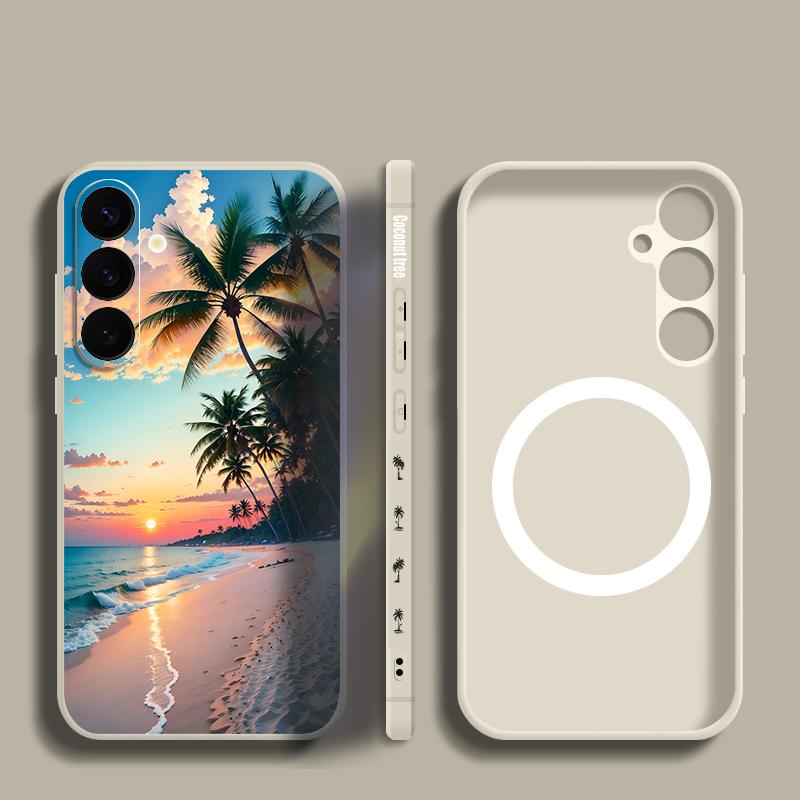 Seaside Coconut Print Case For Samsung Galaxy S26 Ultra S25 FE S24 S23 S22 Plus S21 FE Built-in Metal Plate Magnetic Silicone Cover