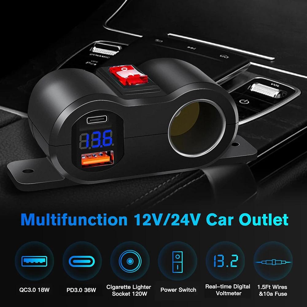 12V Car Charger Power Adapter QC3.0 &PD3.0 Outlet Cigarette Lighter Socket Splitter with LED Voltmeter for RV Marine Boat