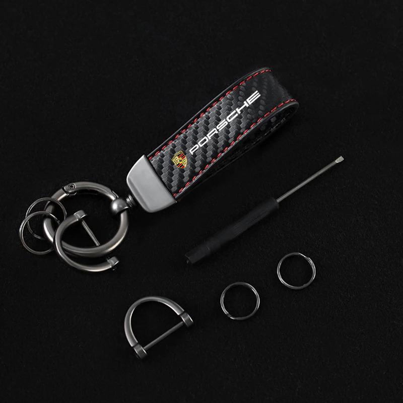 FIMT8 Leather Carbon Fiber Car Keychain Key Pendant Keyring For Porsche 911 718 Taycan Panamera Cayenne Macan Cayman Auto Accessories