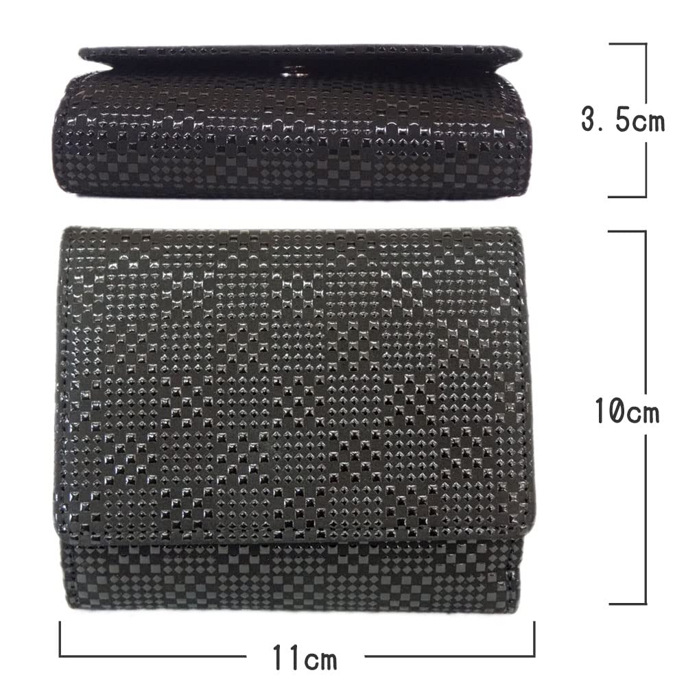 [Inden-ya] Inden Bifold Wallet with Bill Compartment E 2215, Black Deerskin with Black Lacquer, Small Checkered Pattern, 10cm x 11cm x 3.5cm,