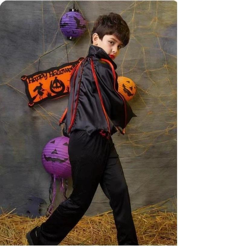 

Косплей на Хэллоуин для мальчиков, платье вампира-дьявола для детей, костюм привидения, наряды, черная сетчатая одежда 120